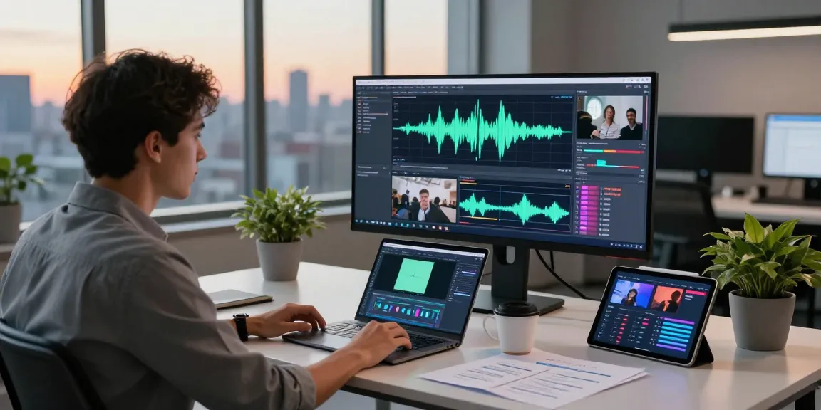 Video to prompt AI analysis workspace with scientist generating video prompts using advanced software in a modern office.