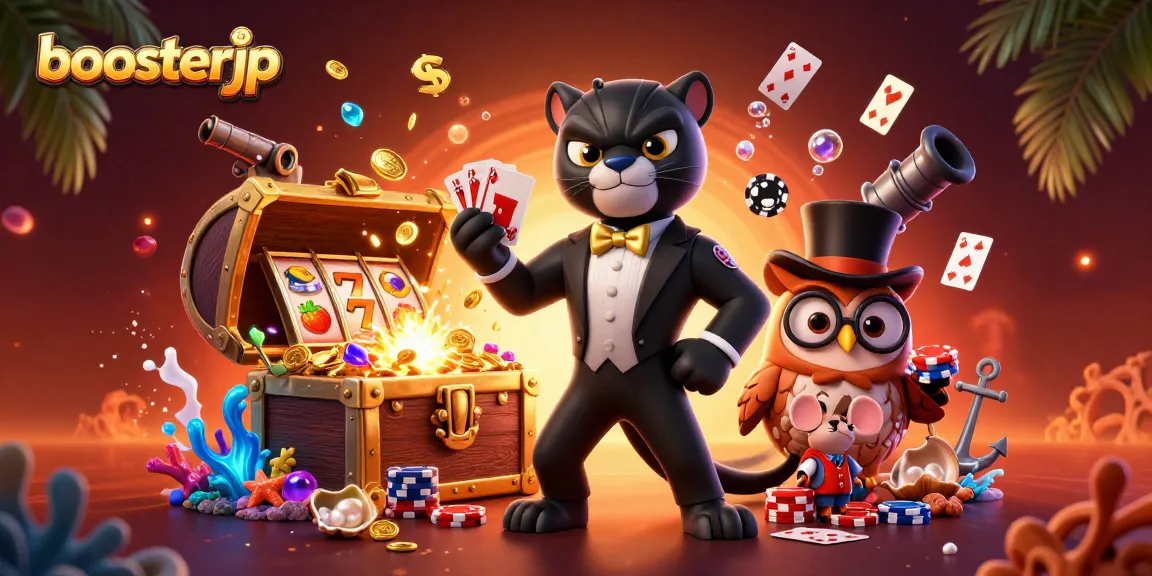 Experience thrilling gameplay with boosterjp's charming characters in a vibrant casino scene.