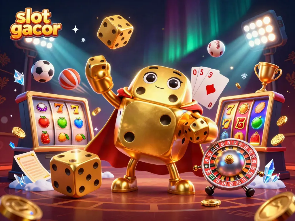 Engage with slot gacor excitement, featuring dynamic golden dice, spinning reels, and sports elements in a vibrant casino scene.
