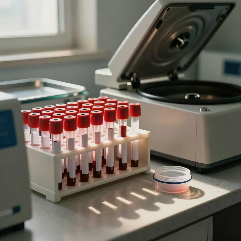 Lab rack of blood tubes beside a centrifuge lid and sealed specimen container on a stone counter.