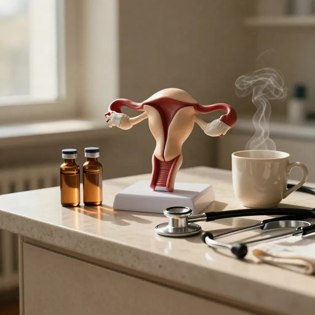 Fertility consult vignette with anatomy model, hormone vials, stethoscope and steam from a ceramic cup.