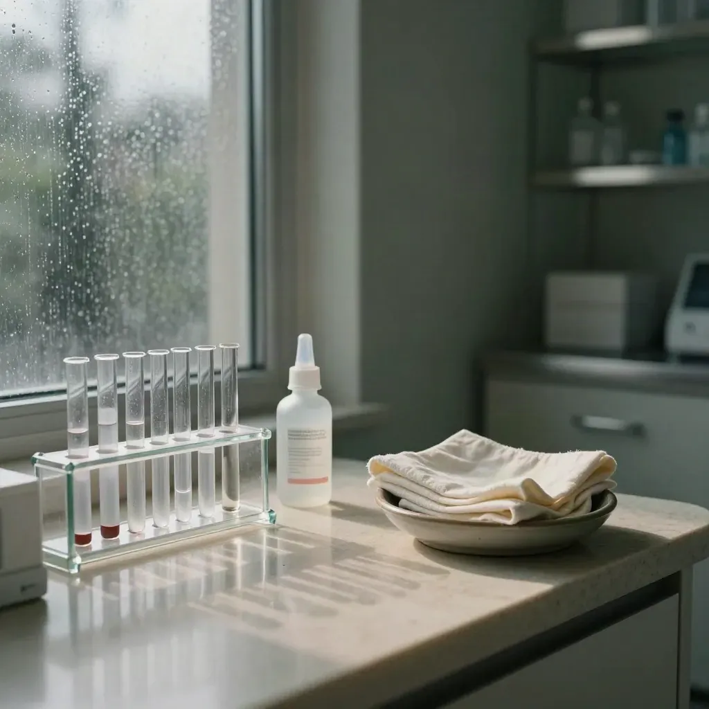 Rain-lit fertility clinic corner with vials, hormone rack, gel bottle, linen, and stone counter.