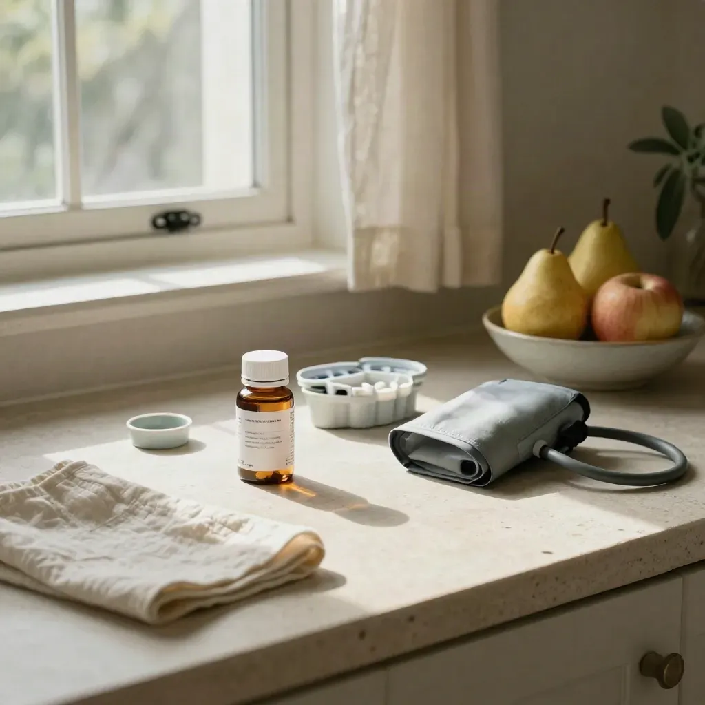 Sunlit fertility planning still life with vitamins, pill sorter, blood pressure cuff, and fruit bowl.