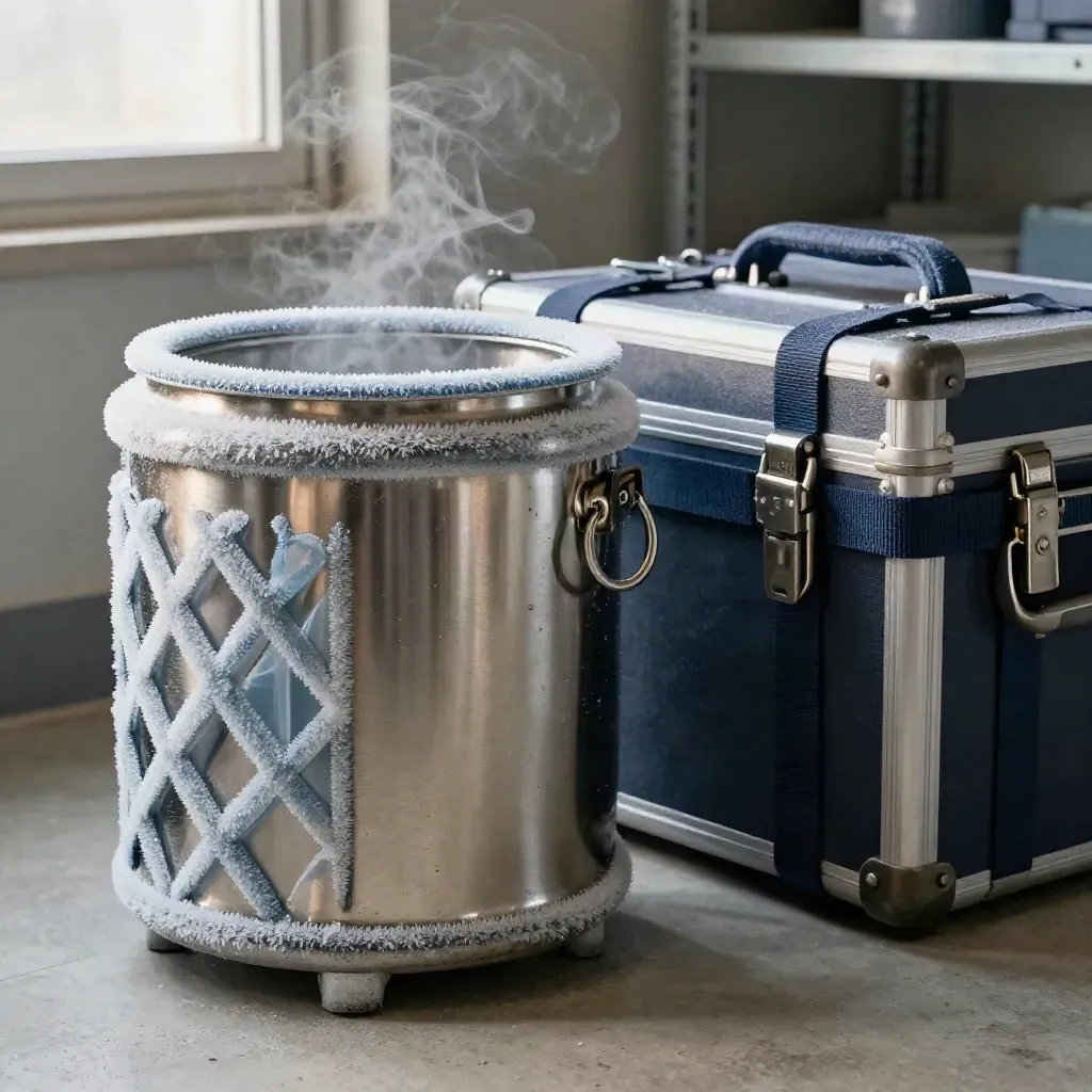 Cryogenic storage canister with frost-edged vial rack and insulated transport case in a cold room.