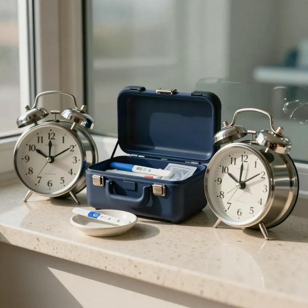 Two alarm clocks and a clinic case ready for a timed fertility morning plan.