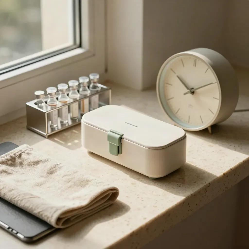 Top-down fertility planning kit with vials, carrier and clock on sunlit stone