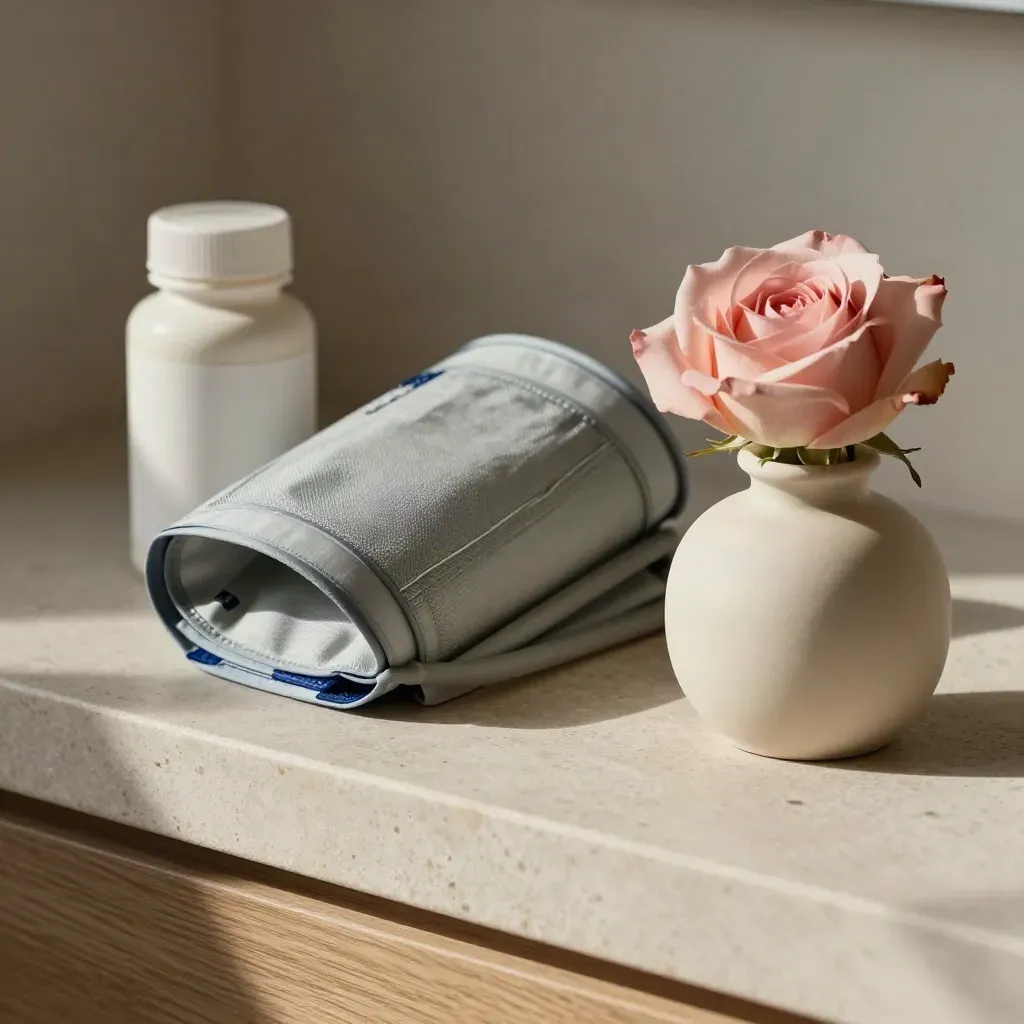 Macro still life of folate bottle, blood pressure cuff, and cream vase with rose buds on a stone shelf.