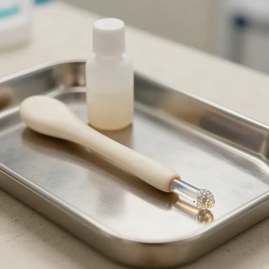 Ultrasound probe, gel bottle, and sample tubes on a clinic tray