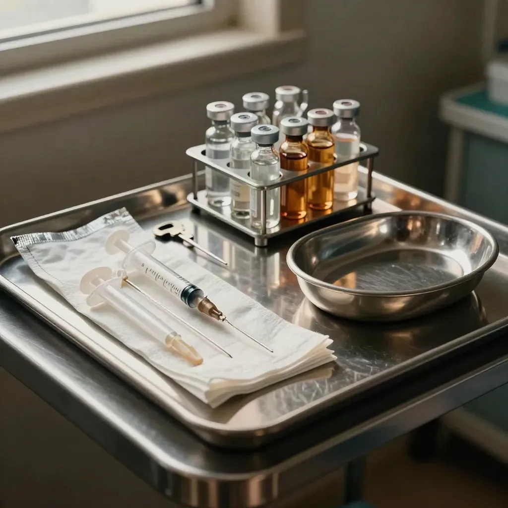 Butterfly needles, swabs, and vial rack on brushed steel in dramatic side light.