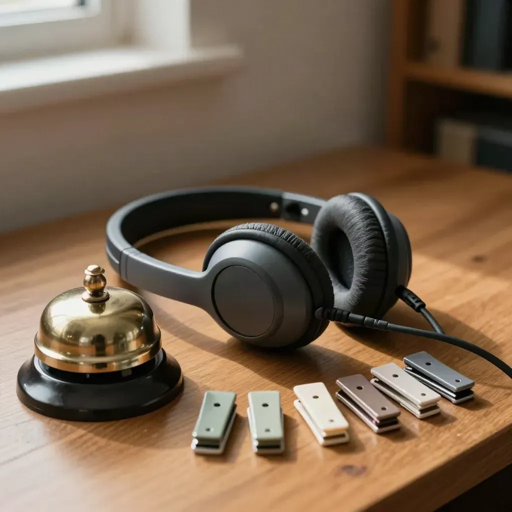 Close-up of a clinic headset, desk bell, and sage care clips on warm wood.