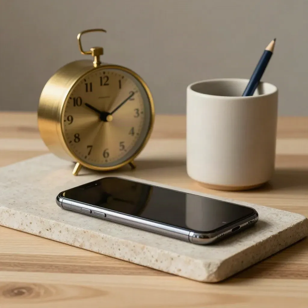 Smartphone, brass desk clock and ceramic pen cup on a stone tray on pale wood.
