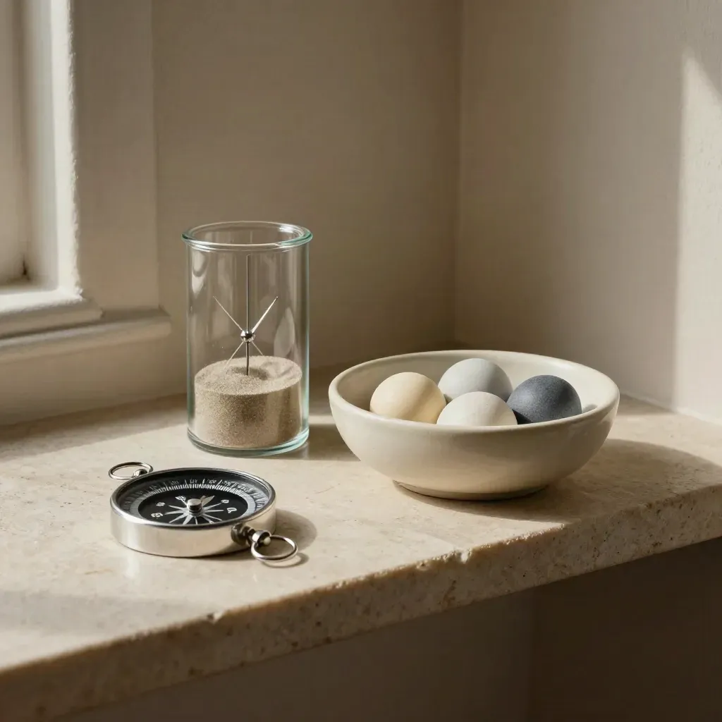 Compass disc, glass timer, and ceramic bowl of care markers on a limestone shelf.