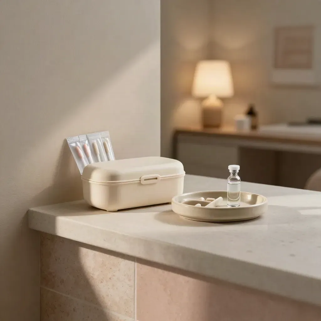 Fertility follow-up care kit with pill case, swabs, tray, and clinic lamp on a plaster shelf