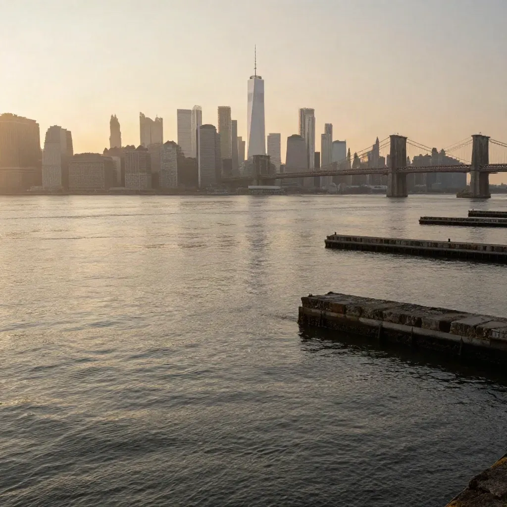 Hudson River skyline at sunset with lower Manhattan, bridge, calm water and piers in warm haze