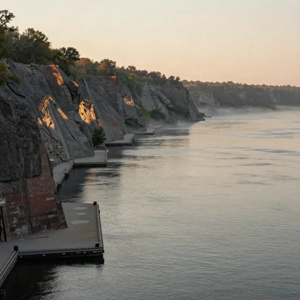 Golden Hudson River vista below the Palisades with mist and brick waterfront textures.