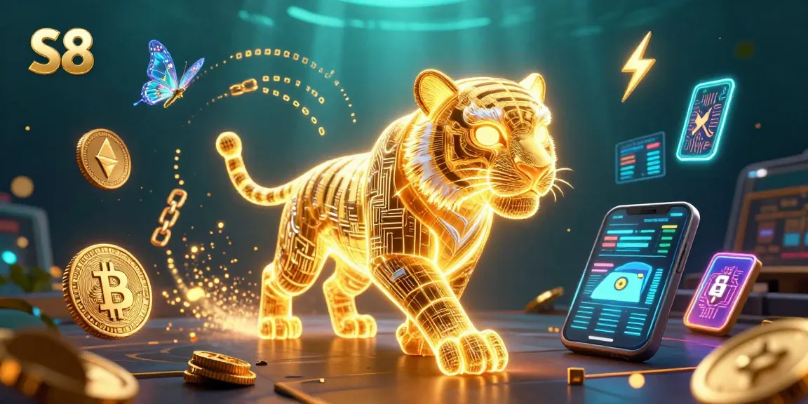 S8 neon tiger prowling a vibrant digital casino landscape, surrounded by crypto coins and data visuals.