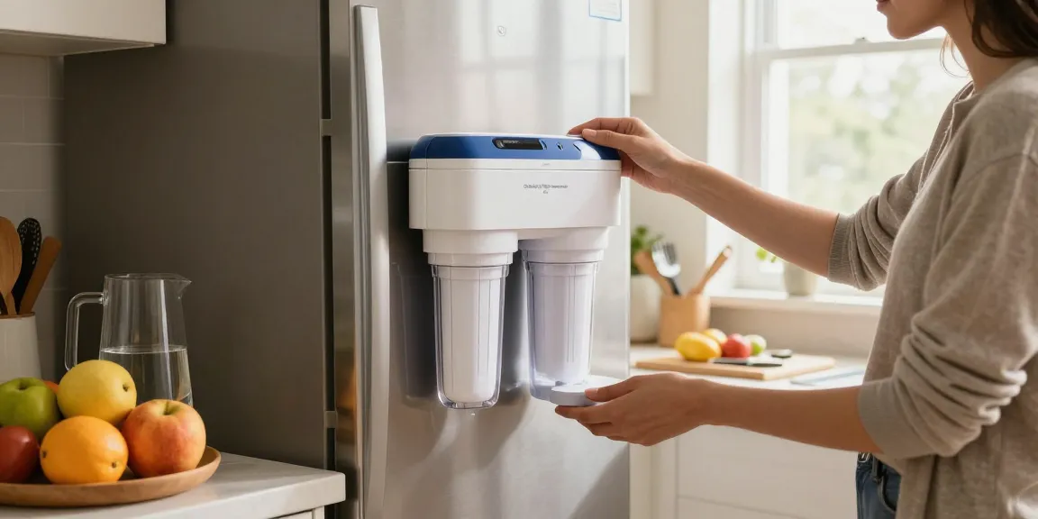 Installing Overbest UKF8001 Replacement for EveryDrop by Whirlpool Refrigerator Water Filter 4 in a bright kitchen.