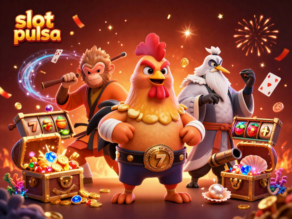 Spin the slot pulsa reels alongside vibrant characters in a lively casino scene filled with gems and confetti.