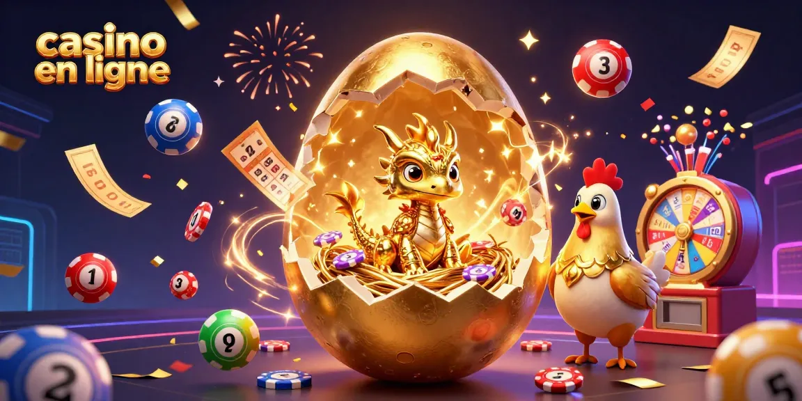 Casino en ligne : dragon en or cristallisé et jetons de poker au centre d'une scène festive.