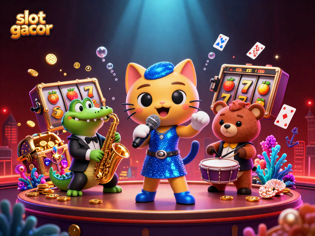 Engage in thrilling slot gacor action with a lively jazz-singer cat and friends amidst vibrant casino elements.