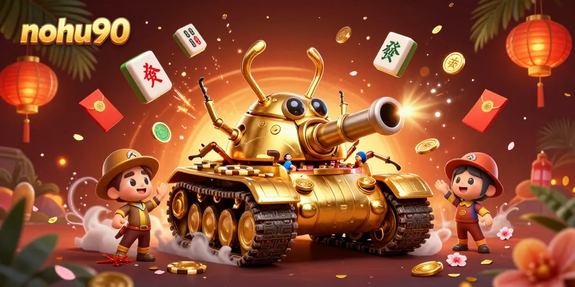 Engage with nohu90's vibrant casino world featuring confetti cannons and golden poker chips.