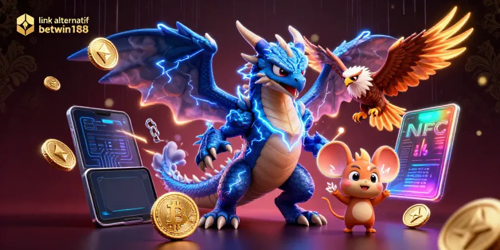 Temukan link alternatif betwin188 dengan ilustrasi 3D naga petir berenergi dikelilingi elemen kripto.