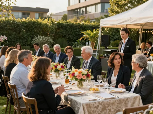 Event rentals transforming outdoor corporate gathering with luxurious seating and decor.