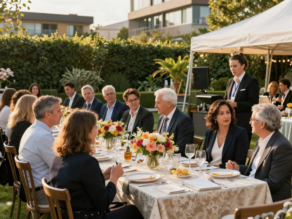 Event rentals transforming outdoor corporate gathering with luxurious seating and decor.