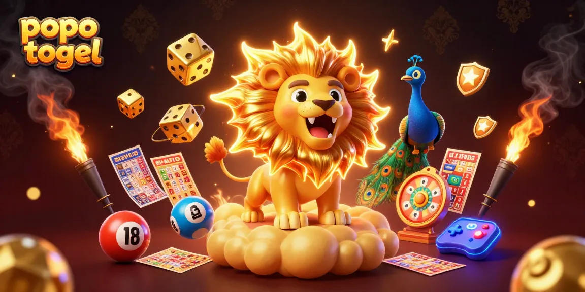Engage with popo togel, featuring a vibrant scene of roaring lion and lottery elements amidst dazzling 3D graphics.