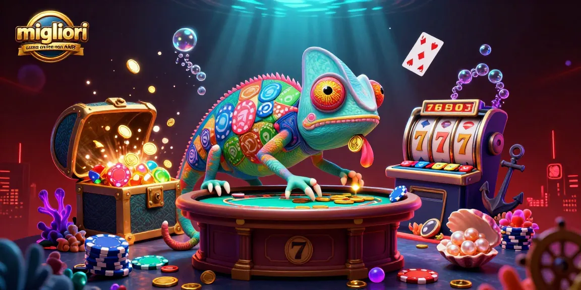Giocatori esplorano i migliori casino online non AAMS con un camaleonte cartone animato al centro.