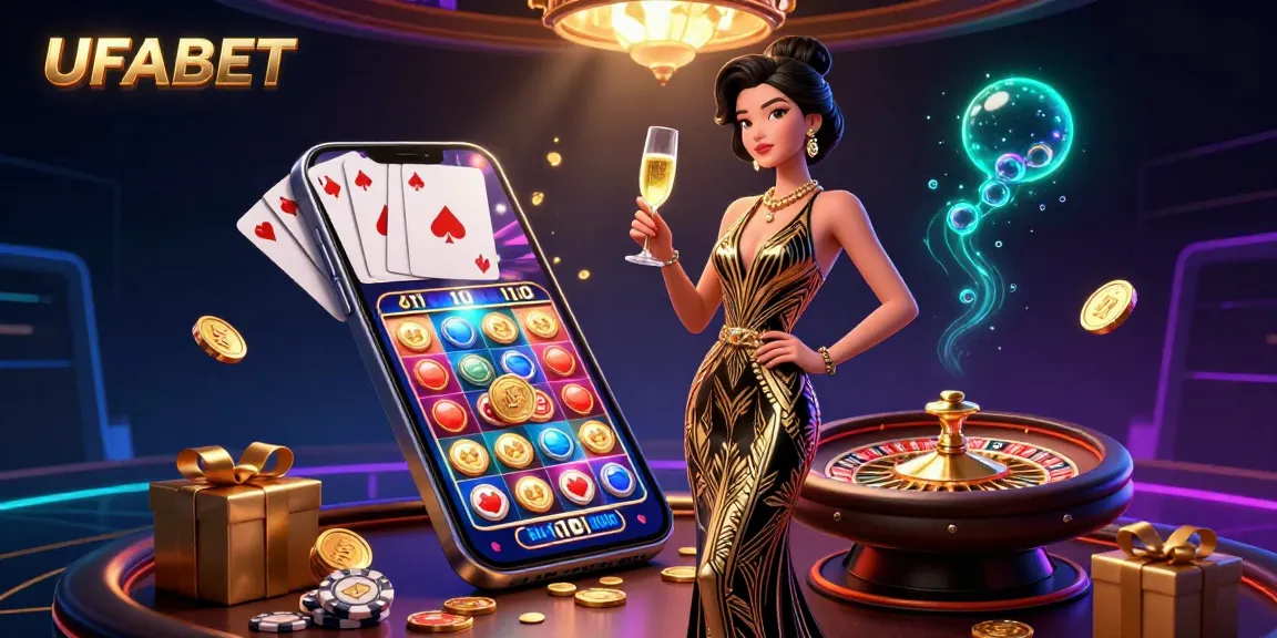 Experience the thrill of gambling at UFABET with a glamorous casino scene showcasing slot games and roulette.