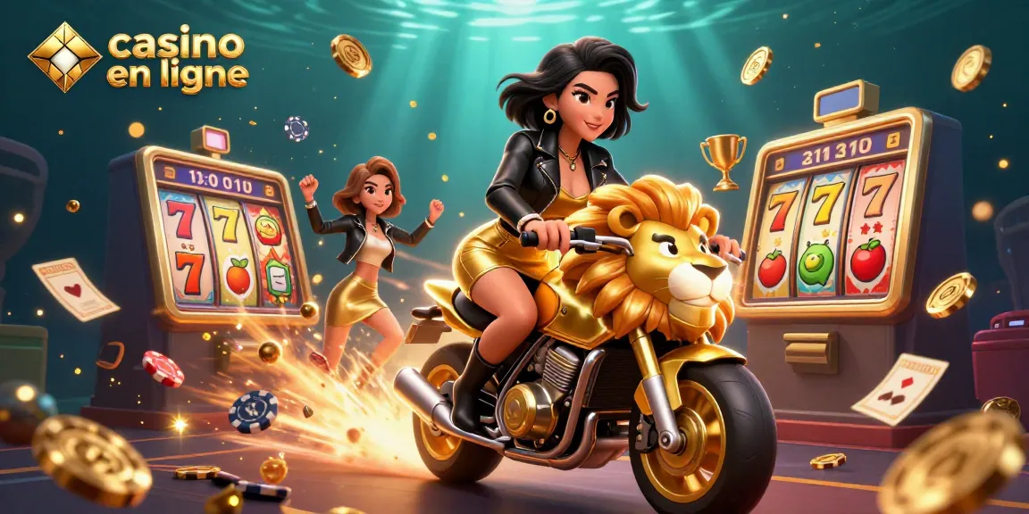 Vivez le frisson du casino en ligne avec une femme glamour chevauchant une mascotte de lion doré, entourée d'éléments de jeu vibrants.