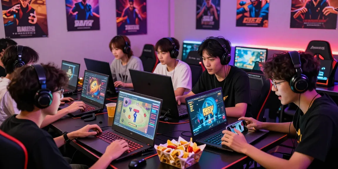 Engaged players enjoying game bài đổi thưởng in a vibrant gaming environment with devices and colorful graphics.