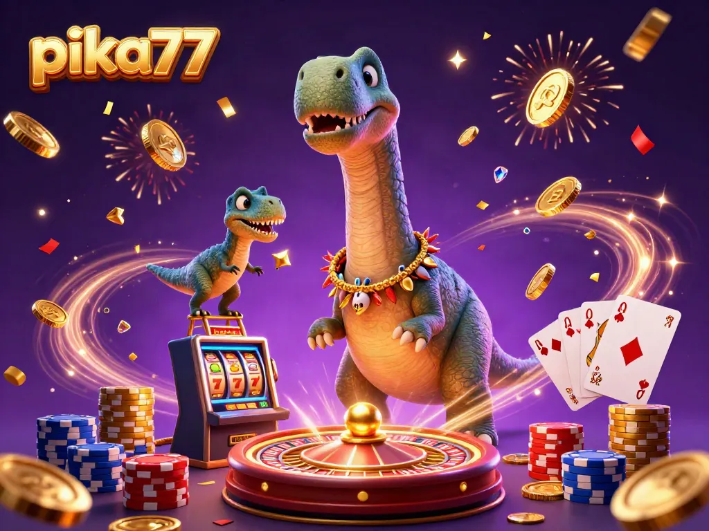 Pika77 engages with dynamic slot machine action in a vibrant casino scene