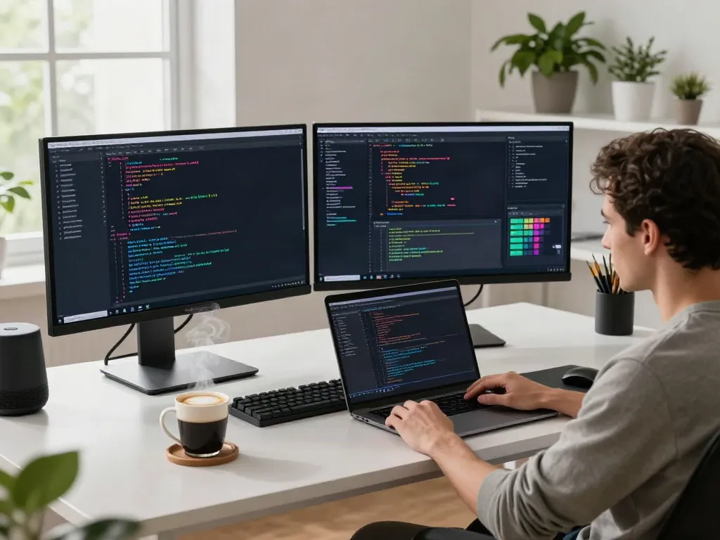 Developer using brave浏览器 in a modern workspace filled with tech gadgets and natural light.