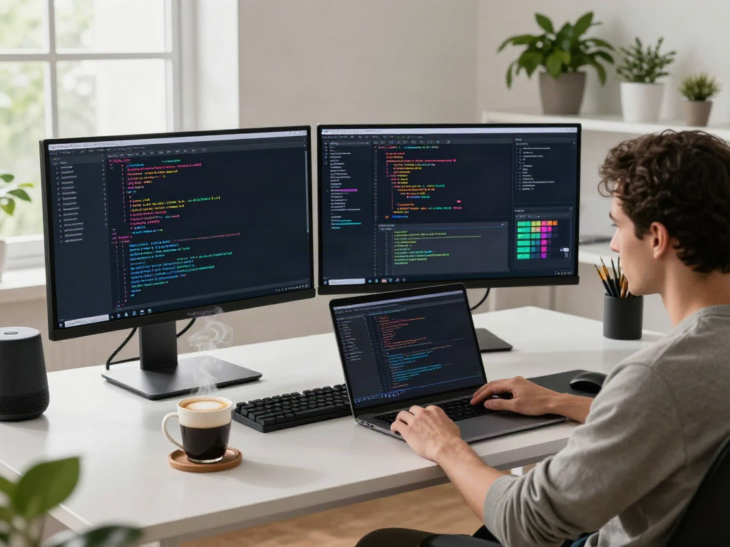 Developer using brave浏览器 in a modern workspace filled with tech gadgets and natural light.