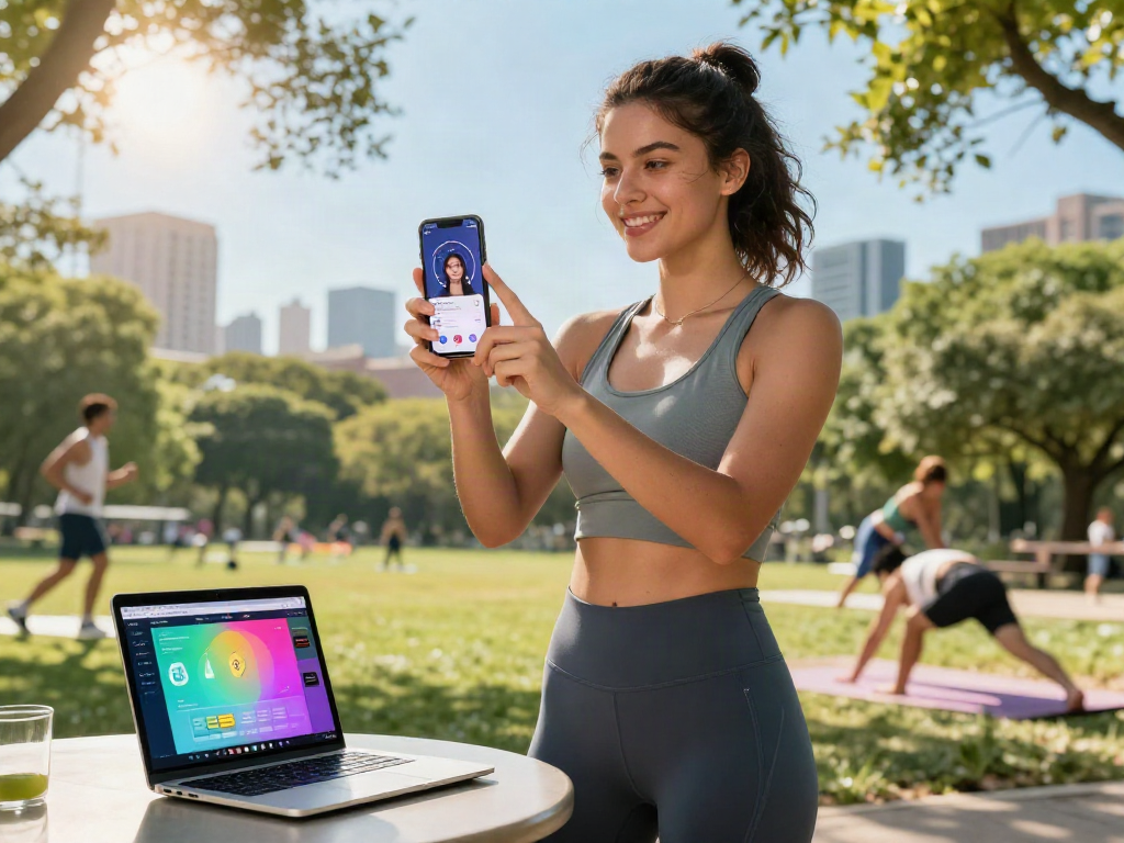 Young woman using an attractiveness test app outdoors, stylishly engaging with facial recognition technology.