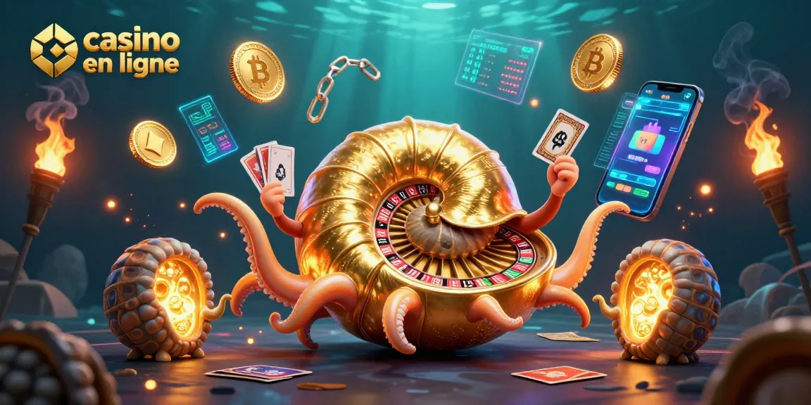 Jouez au casino en ligne avec ce nautilus géant et des cartes, le tout illuminé par des éléments lumineux.