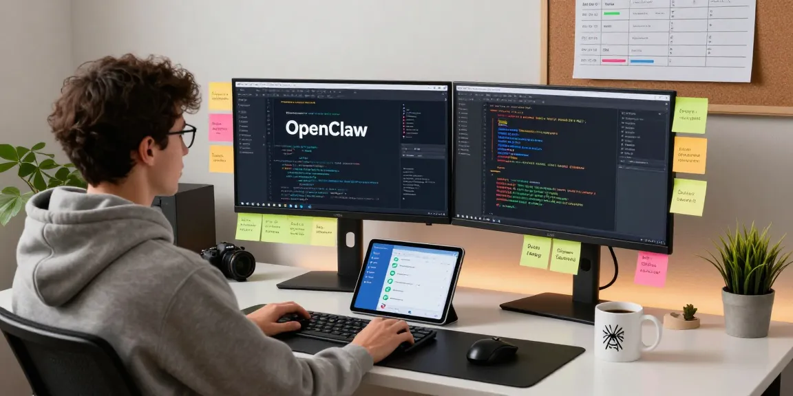 A developer using OpenClaw personal AI assistant in a modern workspace, featuring dual monitors and integrated communication apps.