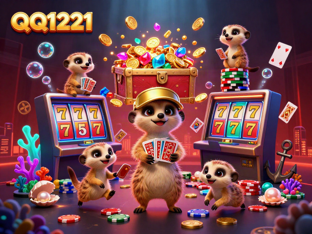Engage with QQ1221 and explore a lively 3D cartoon casino scene filled with meerkats, colorful slots, and treasure.