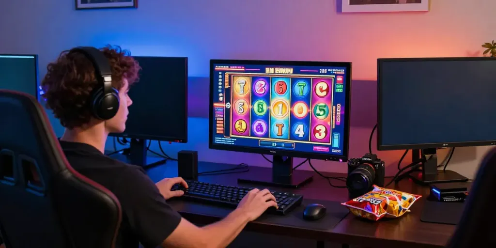 Permainan slot server thailand online dengan efek visual warna-warni dan suasana seru di lingkungan gaming modern.
