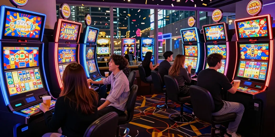 Engaging scene of friends playing slot jepang themed machines in a lively casino.