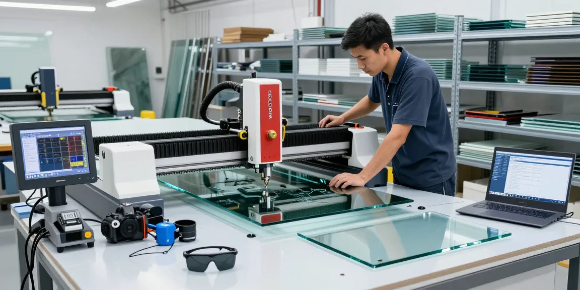 CNC glass cutting machine in use by technician in glass processing workshop, showcasing precision and industry tools.