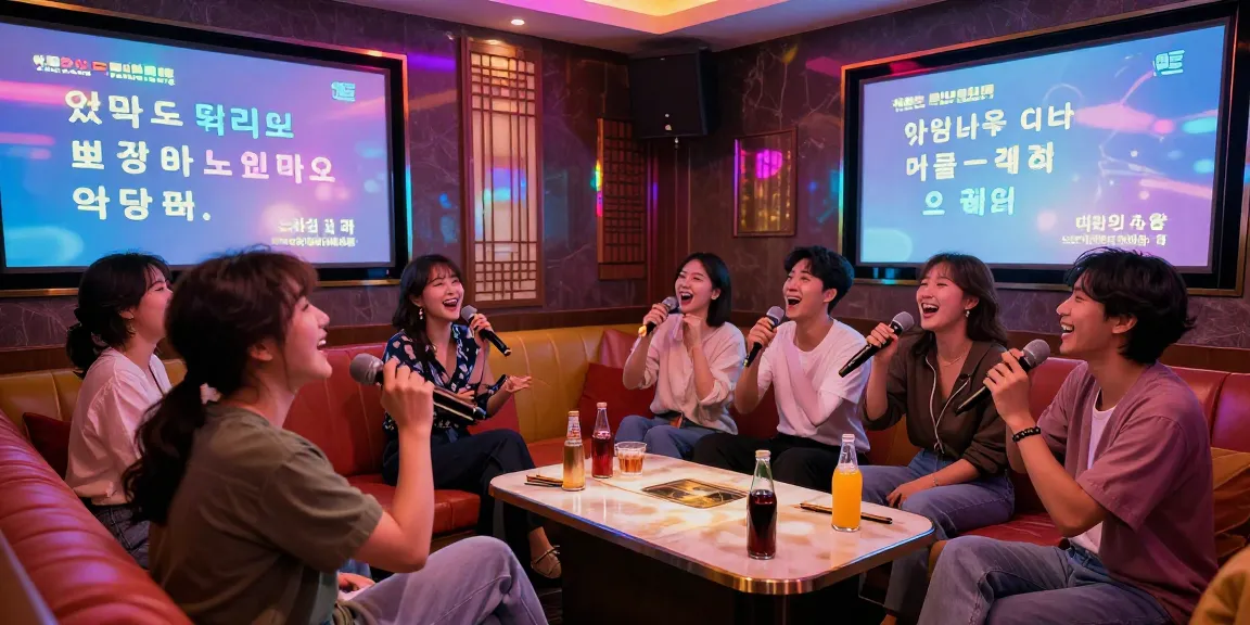 Karaoke friends at 강남노래방 enjoying vibrant group singing with microphones.