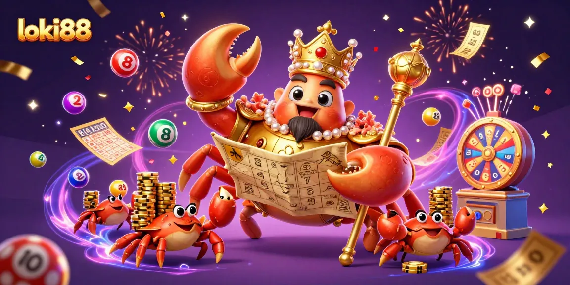 Experience the excitement of loki88 with vibrant lottery balls and a golden crab emperor in this lively casino scene.