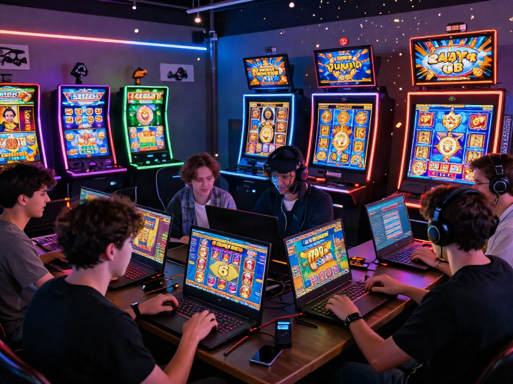 Players enjoying slot bonus new member 100 in vibrant online gaming setup, celebrating wins with colorful screens.