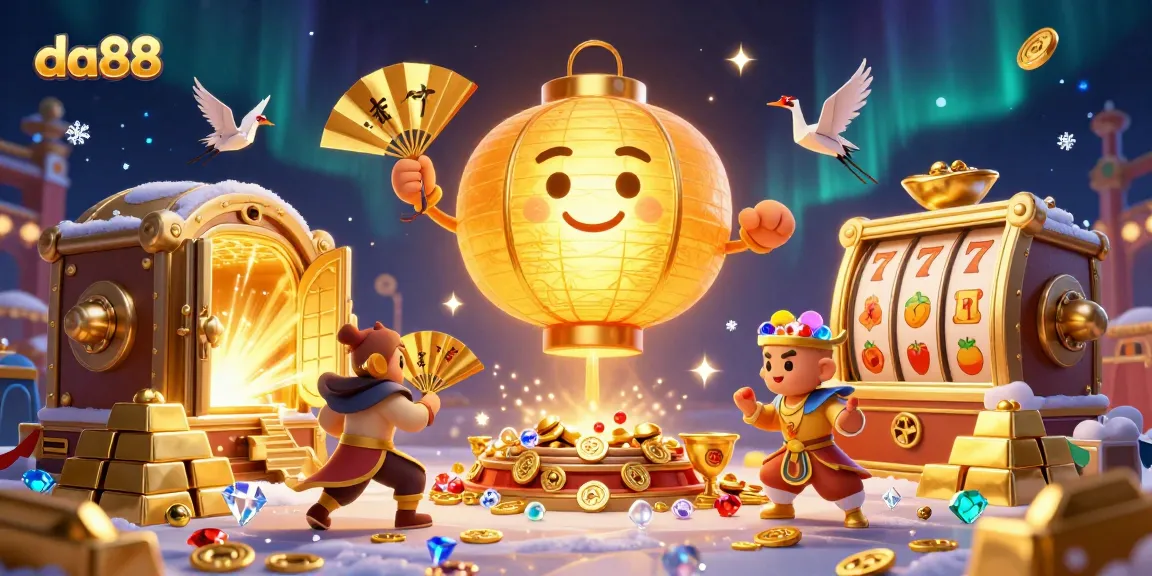 Win big with da88 at a vibrant casino scene featuring a glowing lantern spirit and golden treasures.