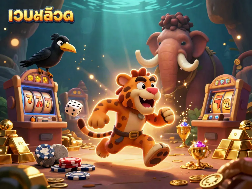 Experience thrilling เว็บสล็อต action in a vibrant casino scene with spinning reels and gold treasures.