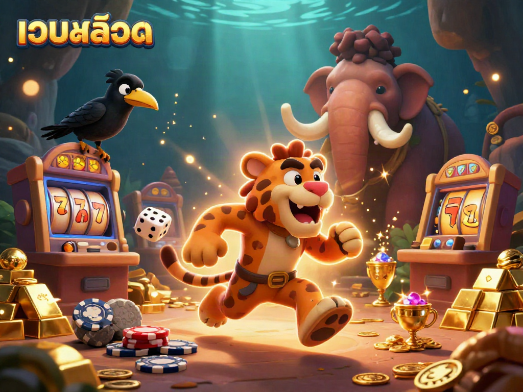 Experience thrilling เว็บสล็อต action in a vibrant casino scene with spinning reels and gold treasures.