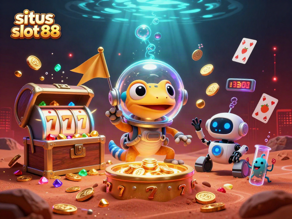 A dynamic scene showcasing situs slot 88 with Martian gecko discovering a golden casino, surrounded by colorful gaming elements.